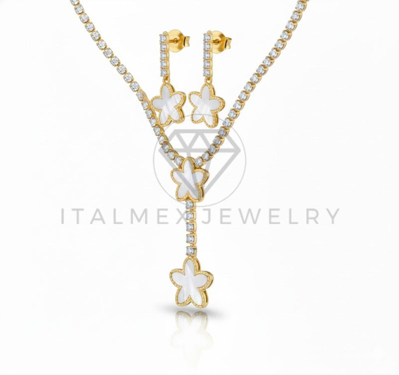 Juego de Lujo - 106811 - Juego Flor Blanca CZ Clara - Oro Laminado 18K
