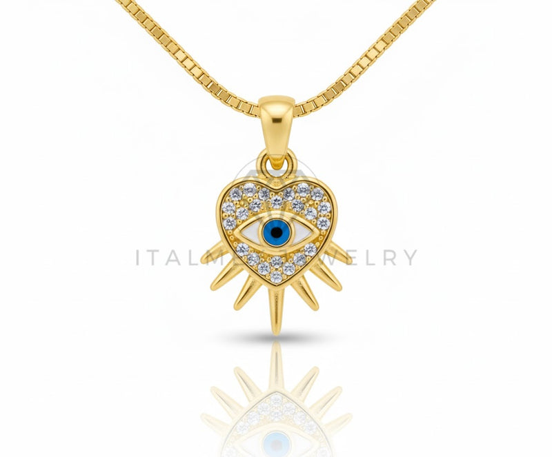Collar Elegante - 106817 - Collar Ojo Turco y Corazon CZ Clara - Oro Laminado 18K