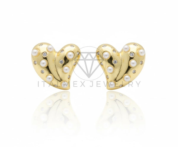Arete de Lujo - 106820 - Arete Corazon con Perlitas - Oro Laminado 18K