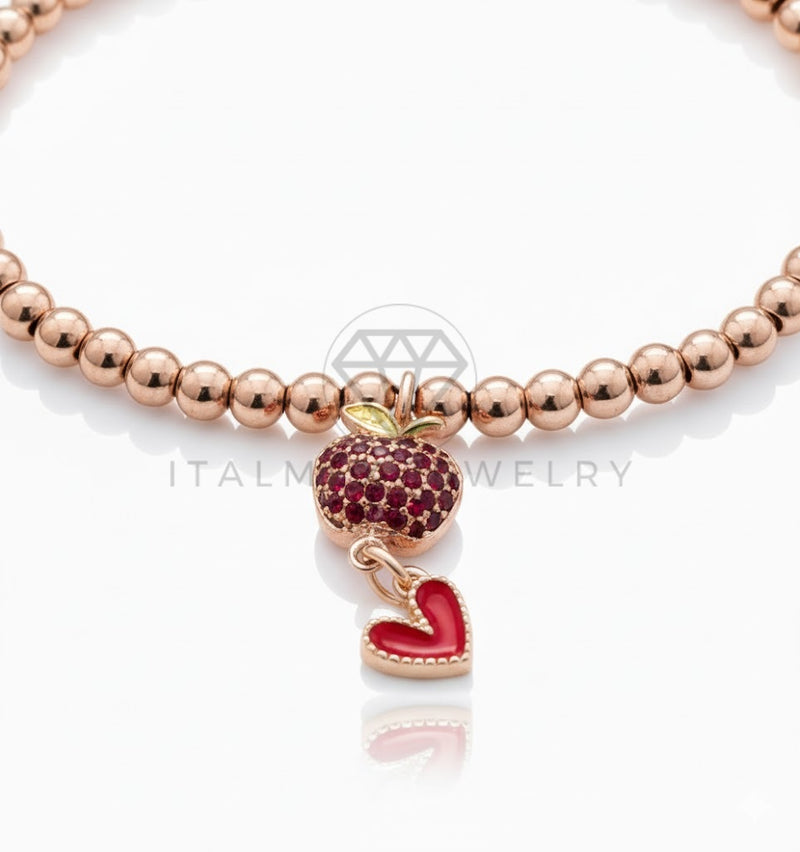 Pulsera de Lujo - 106829 - Pulsera Manzana CZ Roja y Corazon Rojo - Oro Laminado 18K