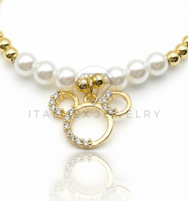 Pulsera de Lujo - 106837 - Pulsera Inspirado en Mickey CZ Clara y Perlitas - Oro Laminado 18K