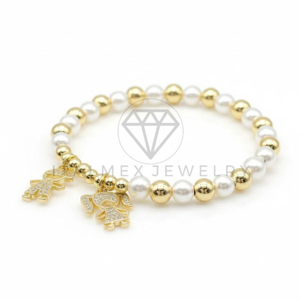 Pulsera de Lujo - 106842 - Pulsera Perlas con Dijes de Candado y Llave CZ Clara - Oro Laminado 18K
