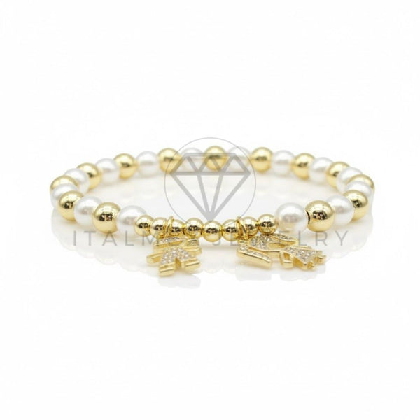 Pulsera de Lujo - 106842 - Pulsera Perlas con Dijes de Candado y Llave CZ Clara - Oro Laminado 18K