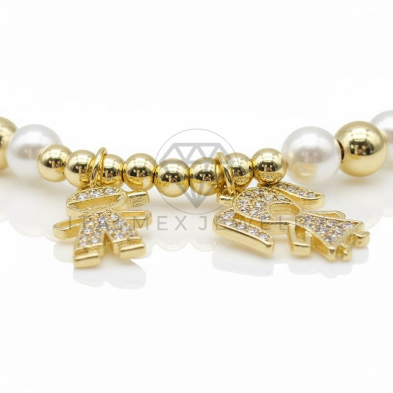 Pulsera de Lujo - 106842 - Pulsera Perlas con Dijes de Candado y Llave CZ Clara - Oro Laminado 18K