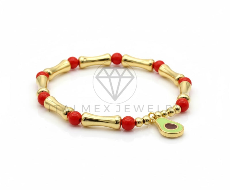 Pulsera de Lujo - 106843 - Pulsera Aguacate con Bolitas Rojas - Oro Laminado 18K