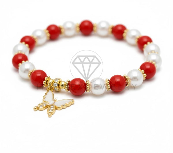 Pulsera de Lujo - 106844 - Pulsera Mariposa Blanca CZ Clara con Bolitas Rojas - Oro Laminado 18K