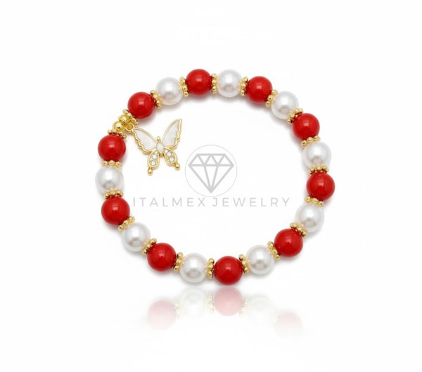 Pulsera de Lujo - 106844 - Pulsera Mariposa Blanca CZ Clara con Bolitas Rojas - Oro Laminado 18K