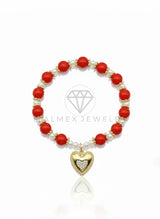 Pulsera de Lujo - 106848 - Pulsera Corazon CZ Clara con Bolitas Rojas - Oro Laminado 18K