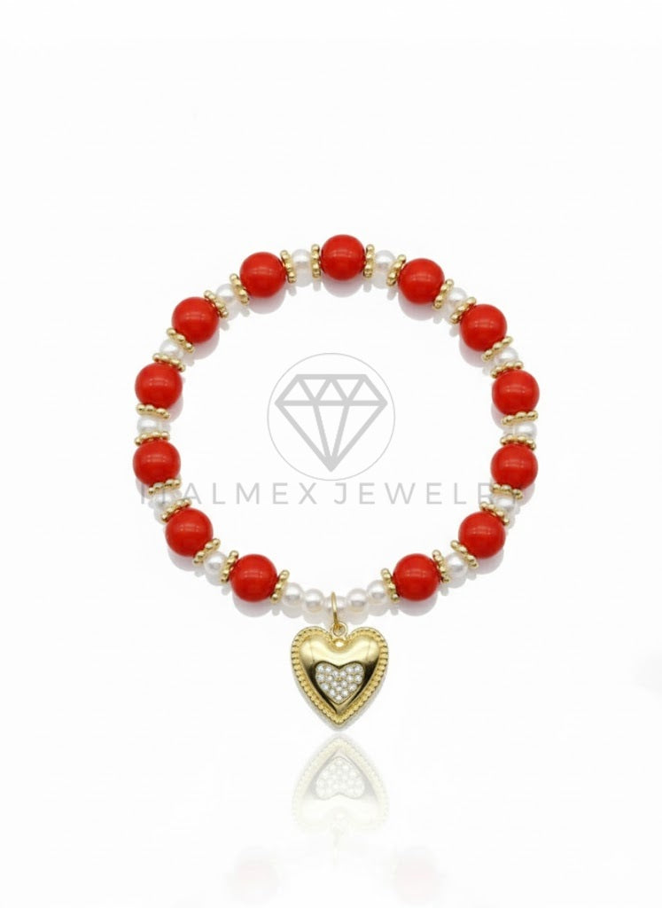 Pulsera de Lujo - 106848 - Pulsera Corazon CZ Clara con Bolitas Rojas - Oro Laminado 18K