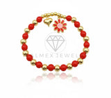 Pulsera de Lujo - 106851 - Pulsera Flor con Carita Feliz y Corazon con Bolitas Rojas - Oro Laminado 18K