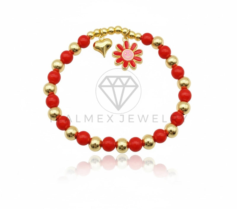 Pulsera de Lujo - 106851 - Pulsera Flor con Carita Feliz y Corazon con Bolitas Rojas - Oro Laminado 18K