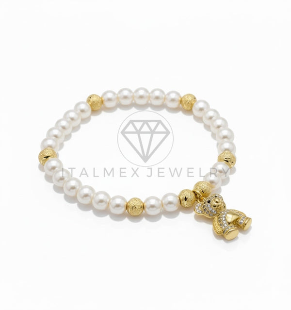 Pulsera de Lujo - 106853 - Pulsera Osito CZ Clara con Perlitas - Oro Laminado 18K