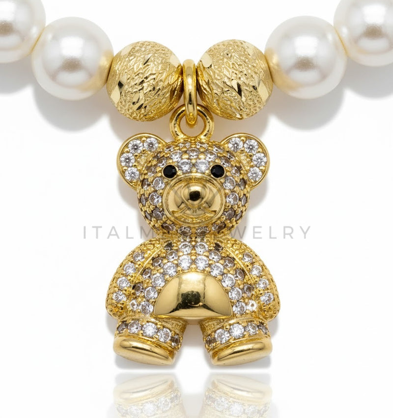 Pulsera de Lujo - 106853 - Pulsera Osito CZ Clara con Perlitas - Oro Laminado 18K