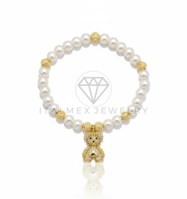 Pulsera de Lujo - 106853 - Pulsera Osito CZ Clara con Perlitas - Oro Laminado 18K