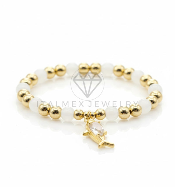 Pulsera de Lujo - 106854 - Pulsera Pez CZ Clara con Perlitas - Oro Laminado 18K