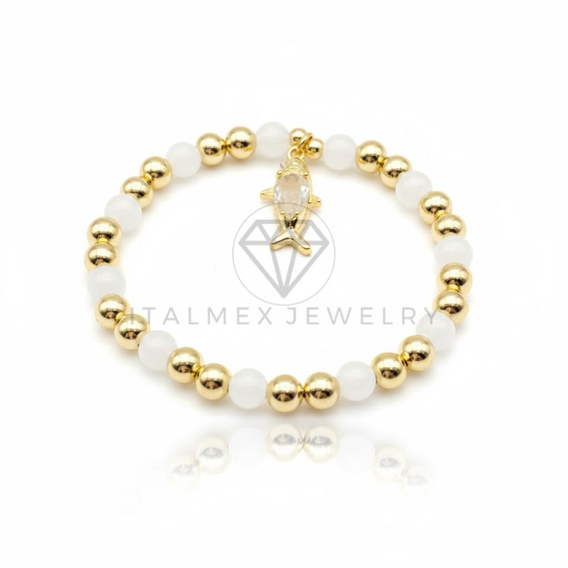 Pulsera de Lujo - 106854 - Pulsera Pez CZ Clara con Perlitas - Oro Laminado 18K