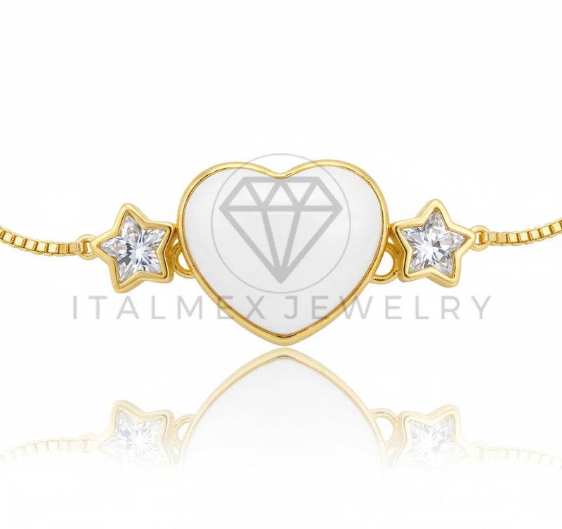 Pulsera de Lujo - 106856 - Pulsera Ajustable Corazon Blanco y CZ Clara- Oro Laminado 18K