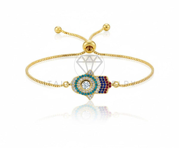 Pulsera de Lujo - 106863 - Pulsera Ajustable Hamsa CZ Colores - Oro Laminado 18K