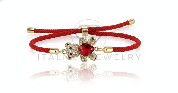 Pulsera de Lujo - 106865 - Pulsera Ajustable Roja con Osito y Piedra Corazon Rojo y CZ Clara- Oro Laminado 18K