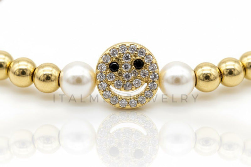 Pulsera de Lujo - 106873 - Pulsera con Perlitas y Carita Feliz CZ Clara - Oro Laminado 18K