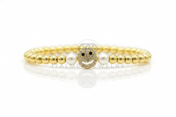 Pulsera de Lujo - 106873 - Pulsera con Perlitas y Carita Feliz CZ Clara - Oro Laminado 18K