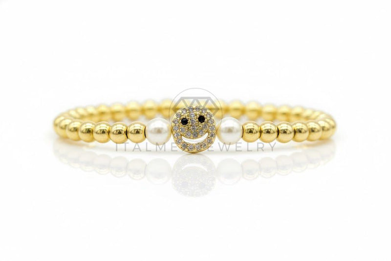 Pulsera de Lujo - 106873 - Pulsera con Perlitas y Carita Feliz CZ Clara - Oro Laminado 18K