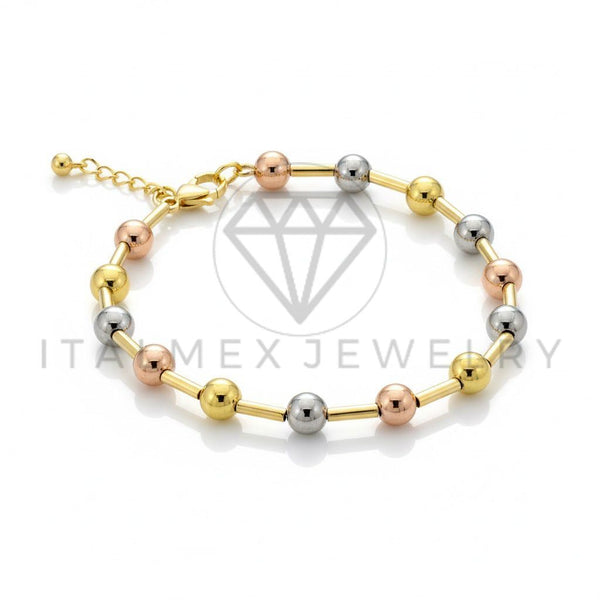 Pulsera de Lujo - 106875 - Pulsera Ajustable con Bolitas Tricolor - Oro Laminado 18K