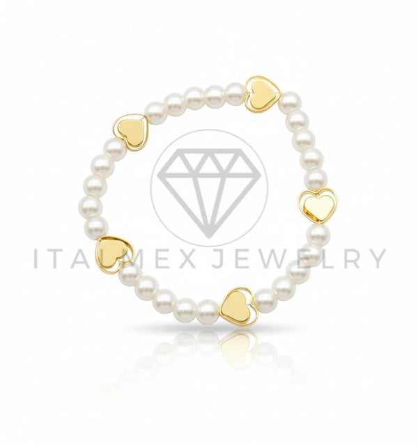 Pulsera de Lujo - 106876 - Pulsera Perlitas con Corazones - Oro Laminado 18K