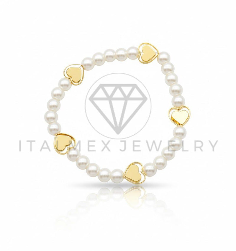 Pulsera de Lujo - 106876 - Pulsera Perlitas con Corazones - Oro Laminado 18K