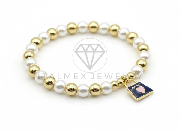 Pulsera de Lujo - 106878 - Pulsera Perlitas con Dije Bolsita con Corazon - Oro Laminado 18K