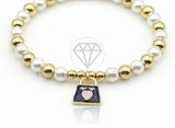 Pulsera de Lujo - 106878 - Pulsera Perlitas con Dije Bolsita con Corazon - Oro Laminado 18K