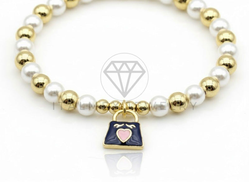 Pulsera de Lujo - 106878 - Pulsera Perlitas con Dije Bolsita con Corazon - Oro Laminado 18K