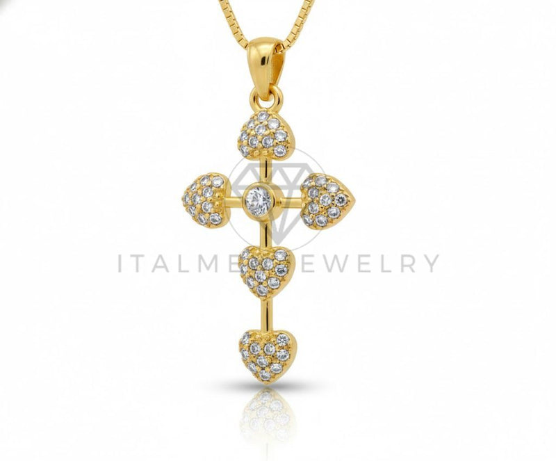 Collar Elegante - 106889 - Collar Cruz Corazones CZ Clara - Oro Laminado 18K