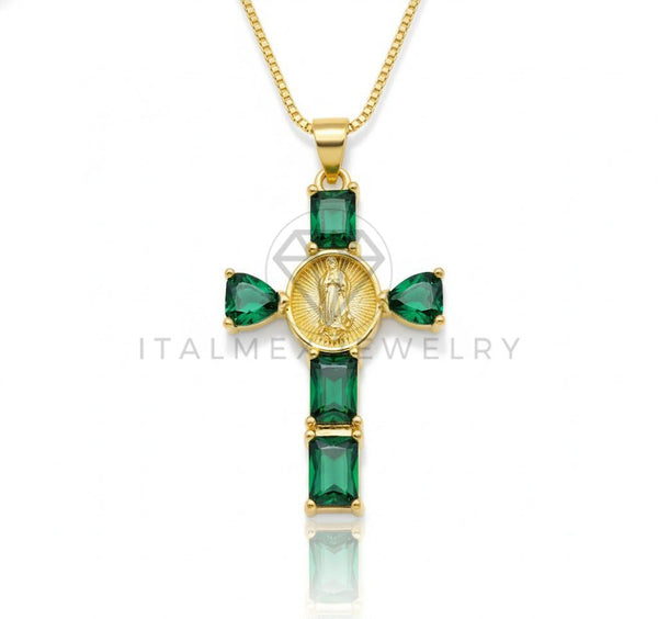 Collar Elegante - 106892 - Collar Cruz Virgen de Guadalupe CZ Verde - Oro Laminado 18K