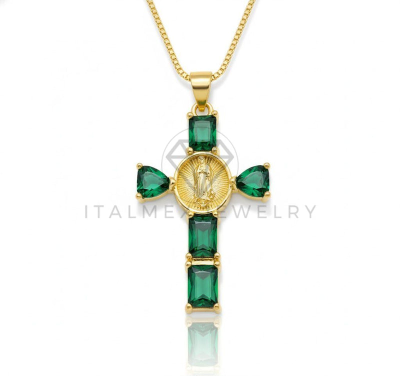 Collar Elegante - 106892 - Collar Cruz Virgen de Guadalupe CZ Verde - Oro Laminado 18K