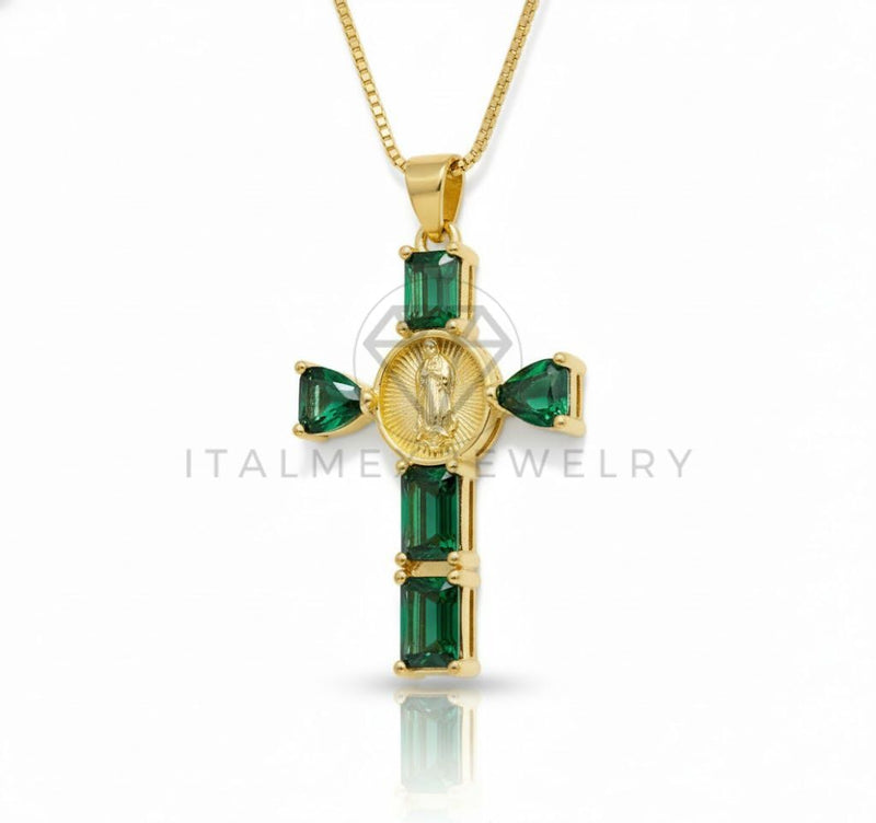 Collar Elegante - 106892 - Collar Cruz Virgen de Guadalupe CZ Verde - Oro Laminado 18K