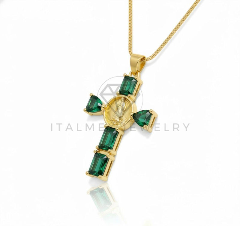 Collar Elegante - 106892 - Collar Cruz Virgen de Guadalupe CZ Verde - Oro Laminado 18K