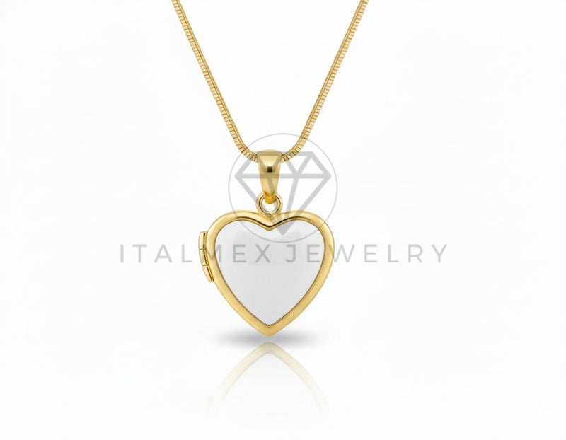 Collar Elegante - 106904 - Collar Corazon Relicario Blanco - Oro Laminado 18K