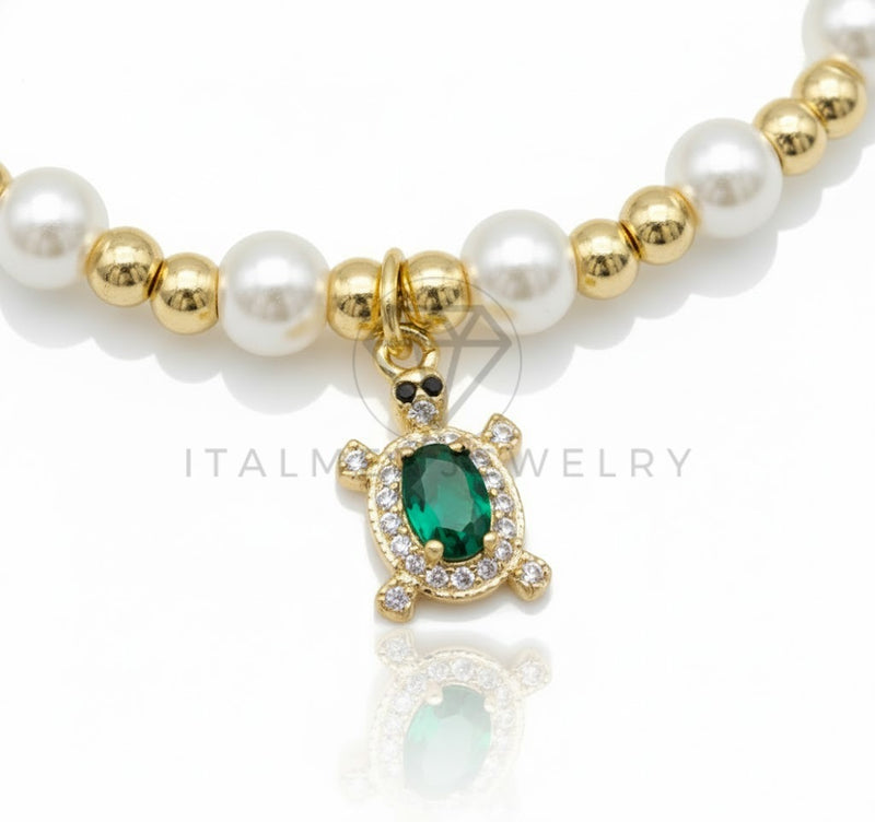 Pulsera de Lujo - 106920- Pulsera Perlitas con Tortuga CZ Verde y Clara - Oro Laminado 18K