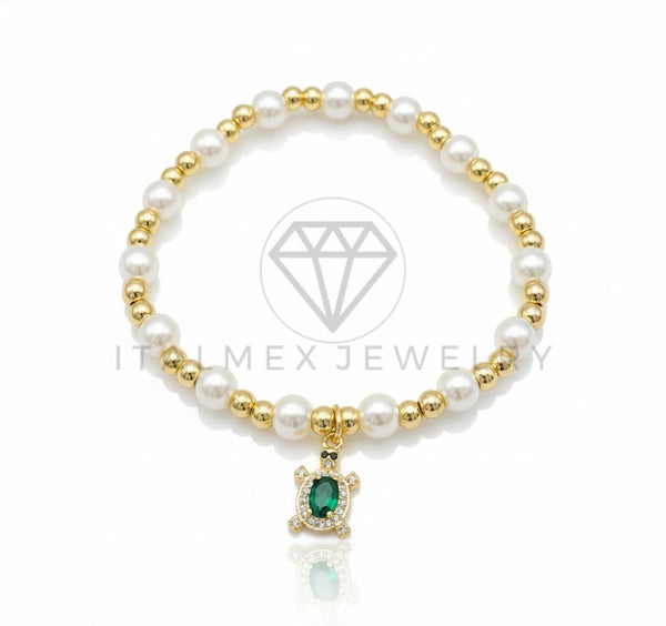 Pulsera de Lujo - 106920- Pulsera Perlitas con Tortuga CZ Verde y Clara - Oro Laminado 18K
