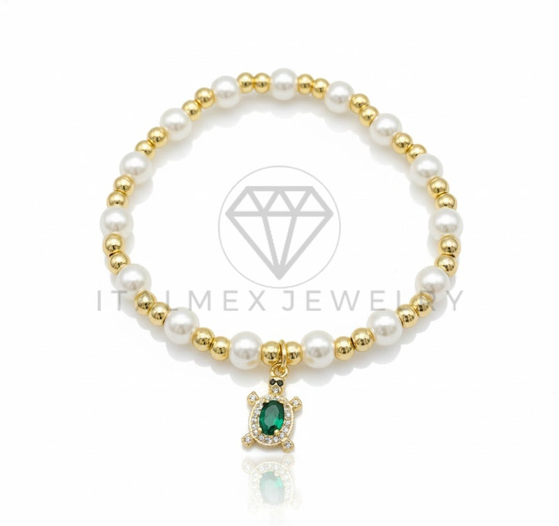 Pulsera de Lujo - 106920- Pulsera Perlitas con Tortuga CZ Verde y Clara - Oro Laminado 18K