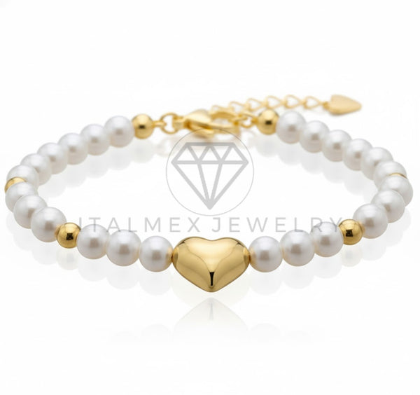 Pulsera de Lujo - 106925 - Pulsera Ajustable Perlitas con Corazon - Oro Laminado 18K