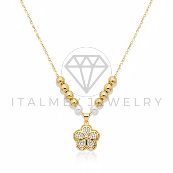 Collar Elegante - 106932 - Collar Flor CZ Clara con Perlitas - Oro Laminado 18K