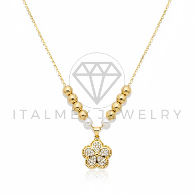 Collar Elegante - 106932 - Collar Flor CZ Clara con Perlitas - Oro Laminado 18K