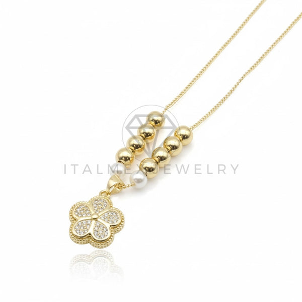 Collar Elegante - 106932 - Collar Flor CZ Clara con Perlitas - Oro Laminado 18K