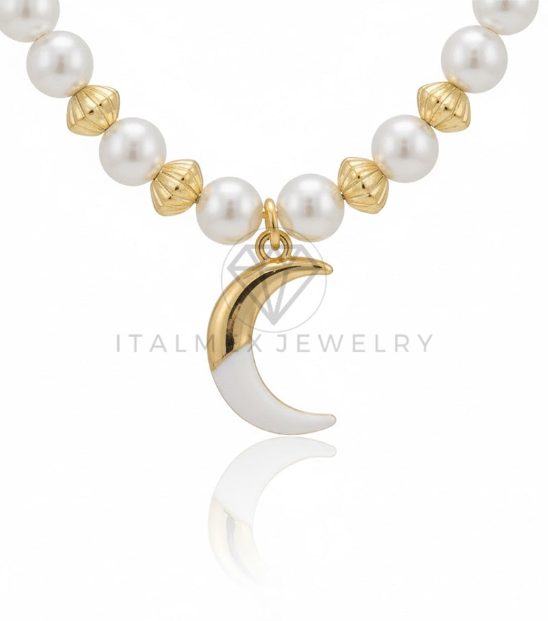 Collar Elegante - 106933 - Collar Lunita con Perlitas - Oro Laminado 18K