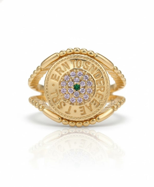 Anillo de Lujo - 106972 - Anillo Ajustable Diseñador CZ Verde y Clara - Oro Laminado 18K