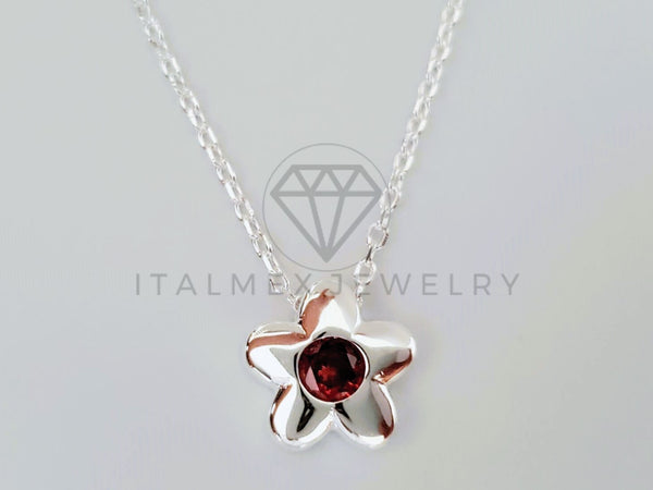 Collar de Lujo - 104969 - Estilo de Flor con Circonia Roja Plata Fina .925