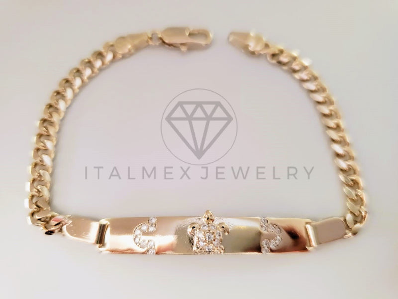 Pulsera de Lujo - 105298 - Esclava Cubana Placa Tortuga y Circonia Clara Oro Laminado 18K