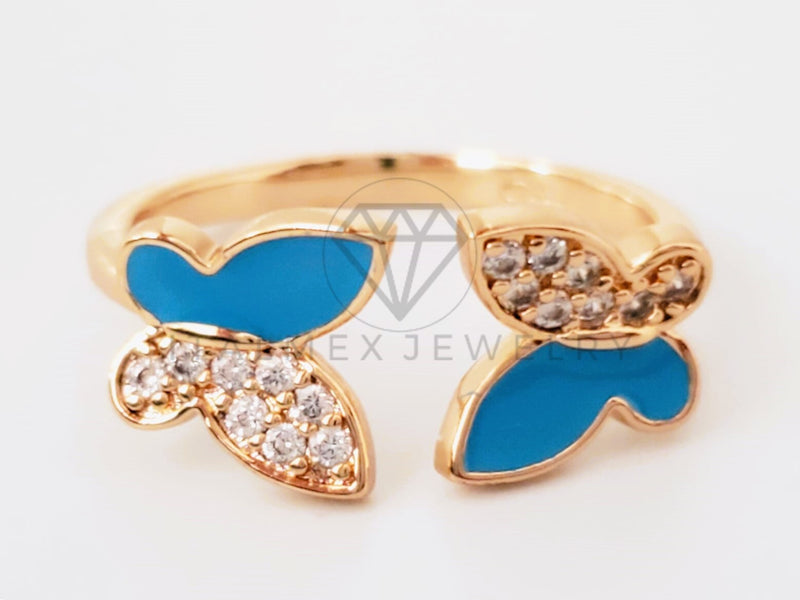 Anillo de Dama - 105370 - Ajustable Mariposa Circonia Clara y Esmalte Azul Oro Laminado 18K